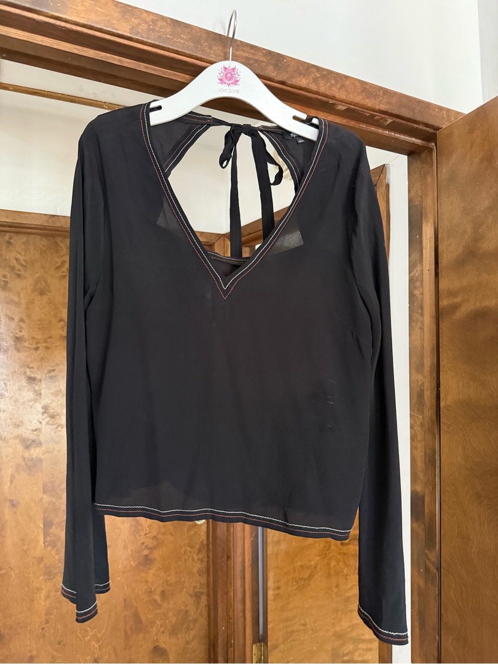 Madewell 100% Silk Black Tie-Back V-Neck Long-Sleeve Top
